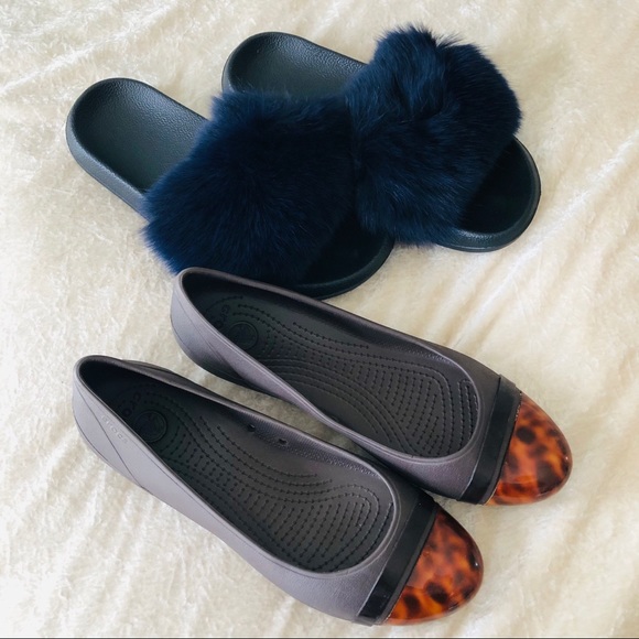 CROCS Shoes - Crocs ballet + Real Fox Fur Slides Shoes Slippers